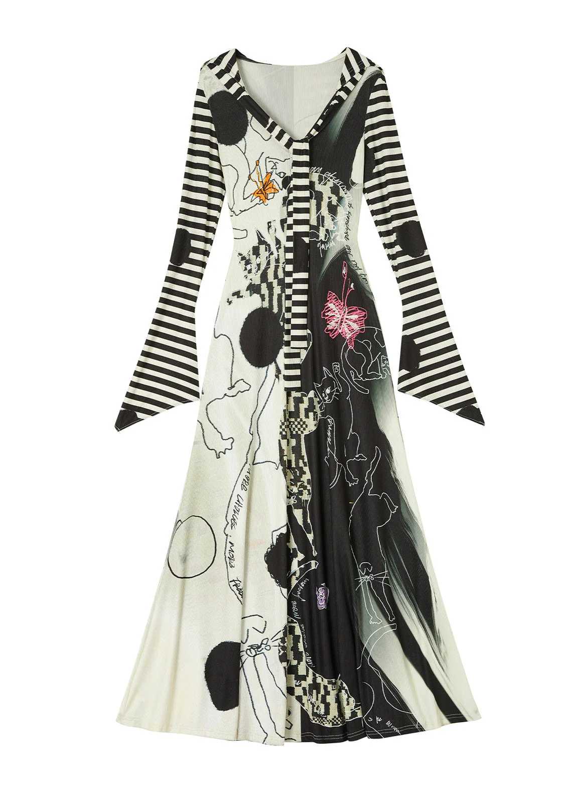 Original Design Hooded Print Cotton Dress Flare Sleeve - Image 5