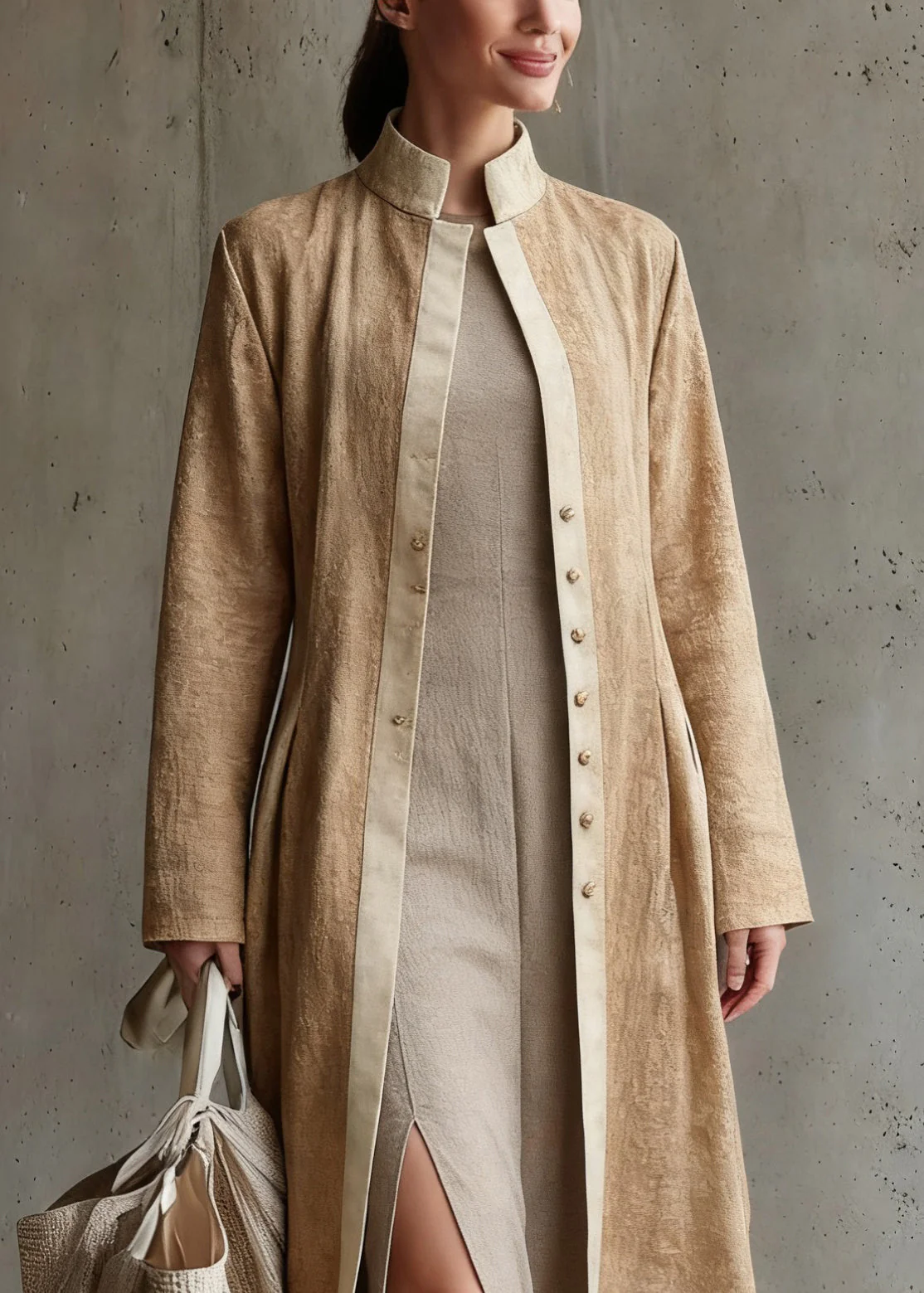 Original Design Khaki Button Wrinkled Long Coats Spring - Image 2