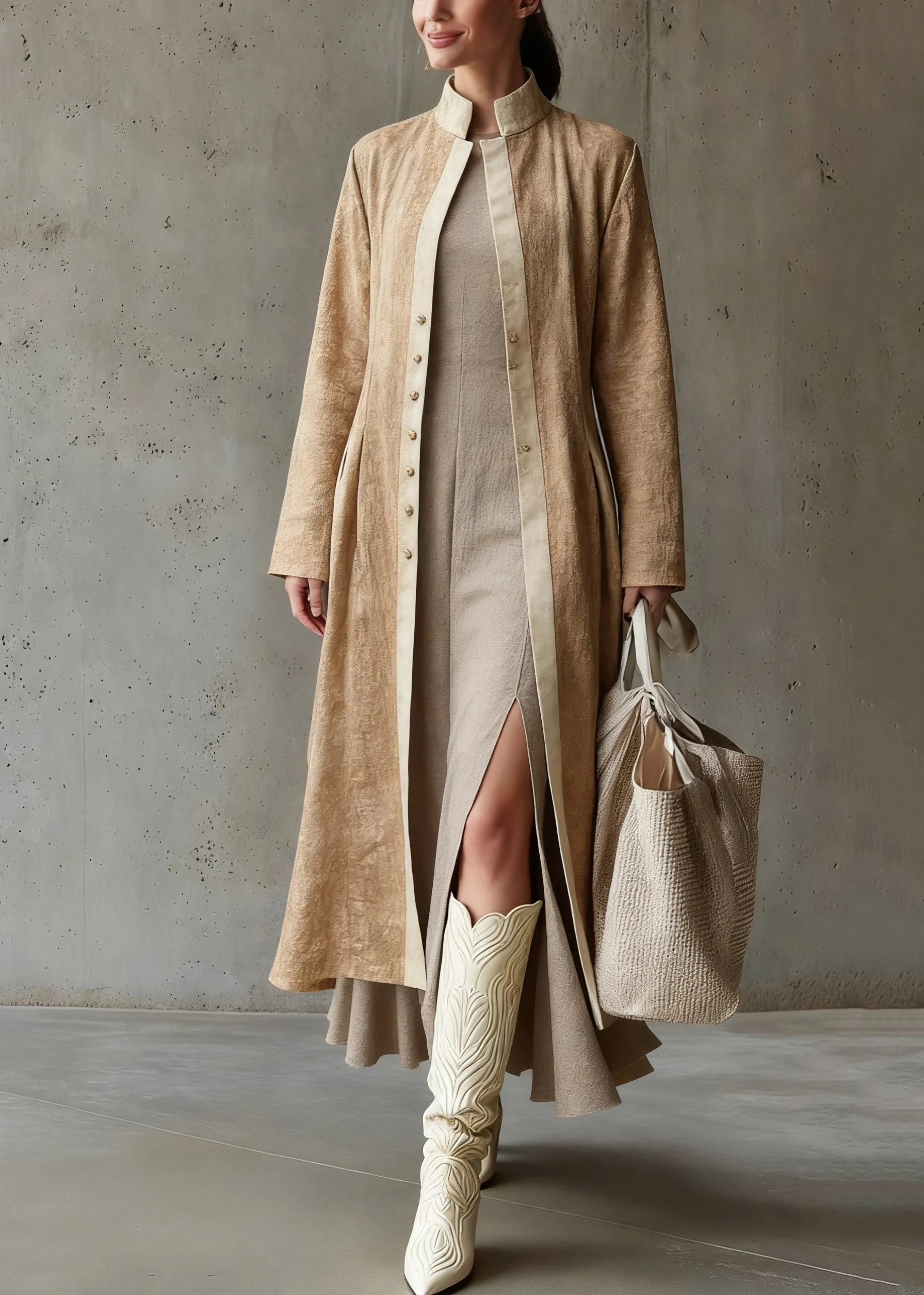 Original Design Khaki Button Wrinkled Long Coats Spring - Image 3