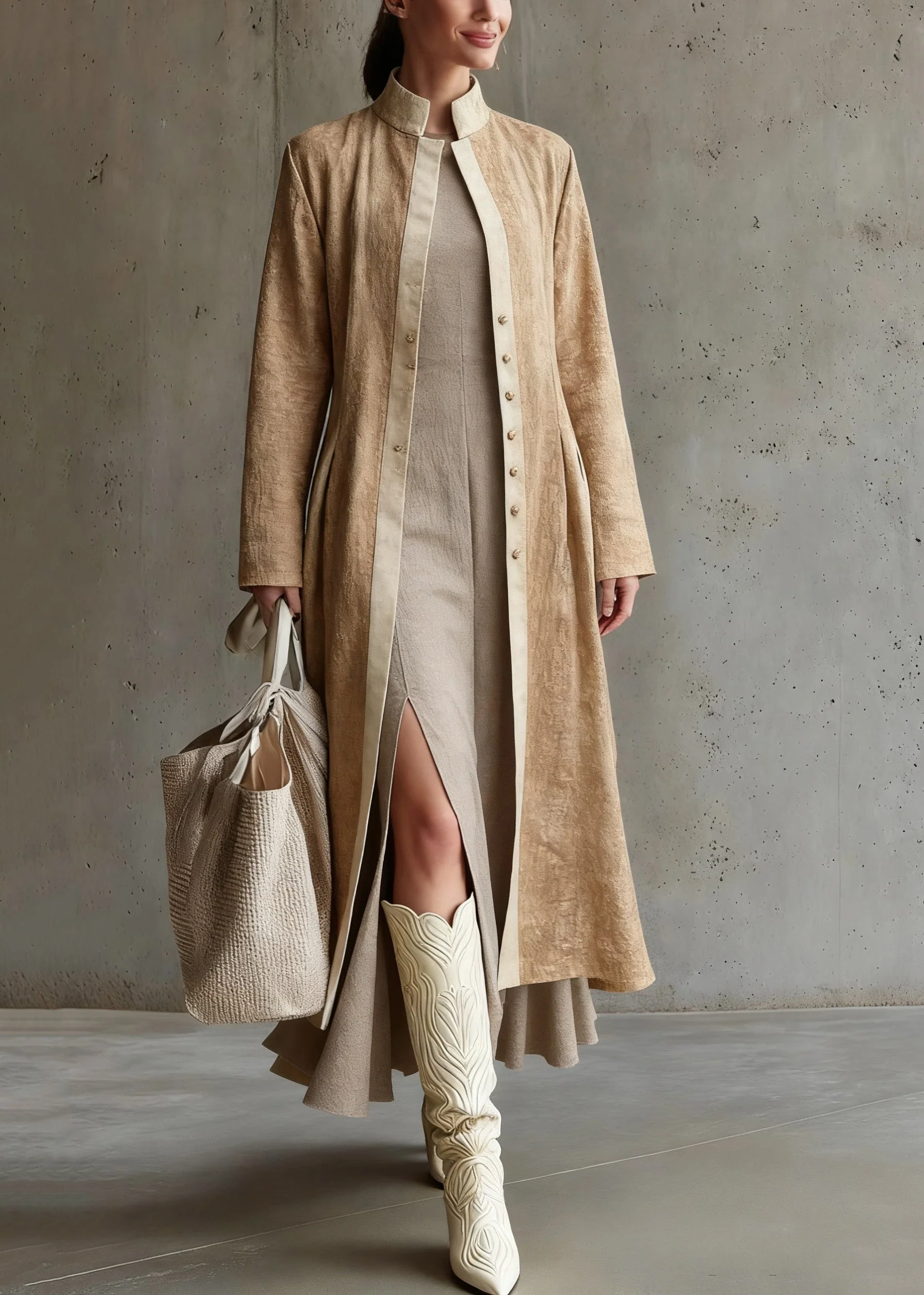 Original Design Khaki Button Wrinkled Long Coats Spring - Image 5