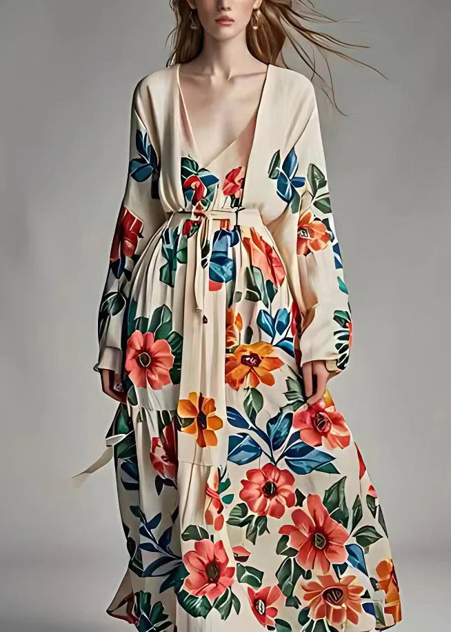 Original Design Khaki V Neck Print High Waist Cotton Dress Fall - Image 2