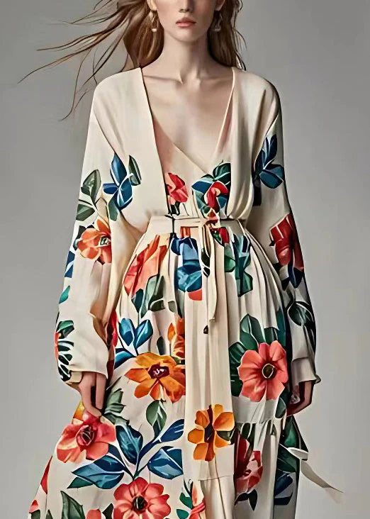 Original Design Khaki V Neck Print High Waist Cotton Dress Fall - Image 3