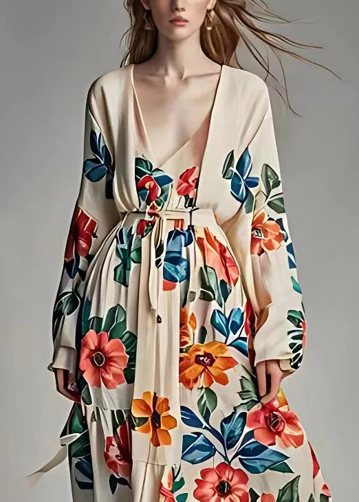 Original Design Khaki V Neck Print High Waist Cotton Dress Fall - Image 4
