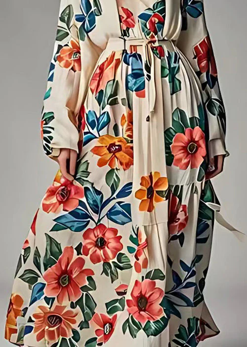Original Design Khaki V Neck Print High Waist Cotton Dress Fall - Image 5