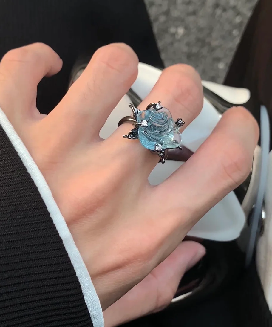 Original Design Light Blue Copper Zircon Resin Rose Open Rings Blue Copper Zircon Resin Rose Open Rings - Image 3