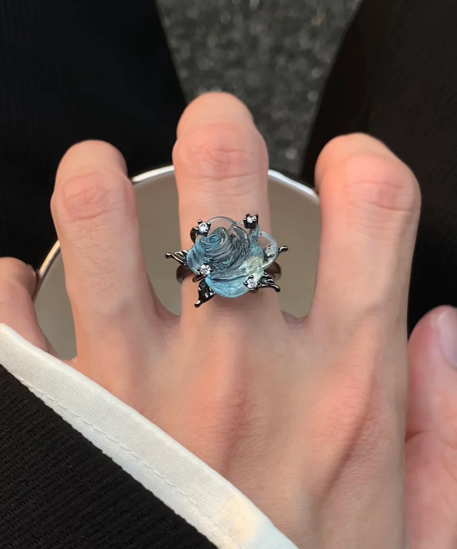 Original Design Light Blue Copper Zircon Resin Rose Open Rings Blue Copper Zircon Resin Rose Open Rings - Image 4