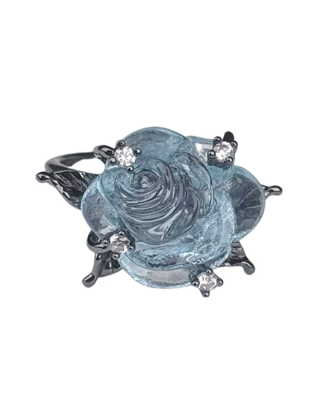 Original Design Light Blue Copper Zircon Resin Rose Open Rings Blue Copper Zircon Resin Rose Open Rings - Image 5