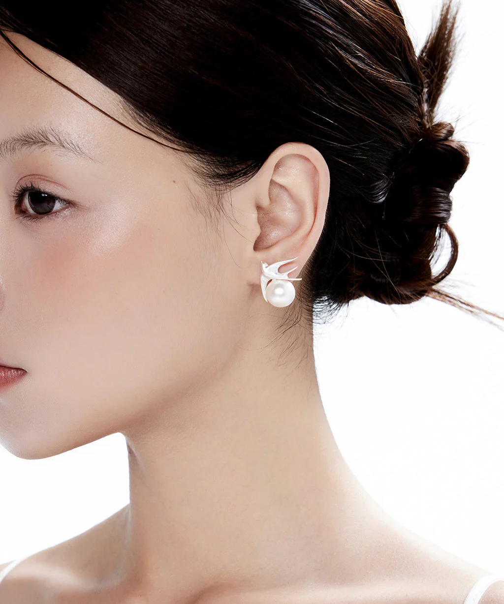 Original Design Little Bird Pearl Silver Stud Earrings - Image 5