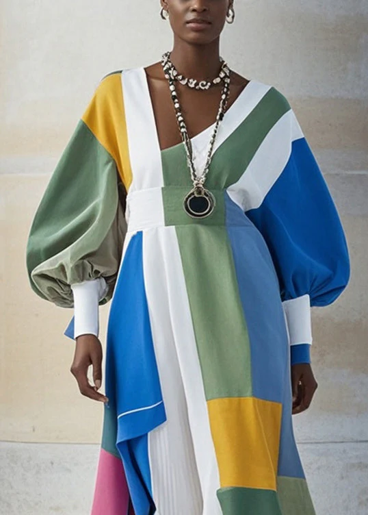 Original Design Multicolor Asymmetrical Patchwork Cotton Holiday Dress Lantern Sleeve - Image 2