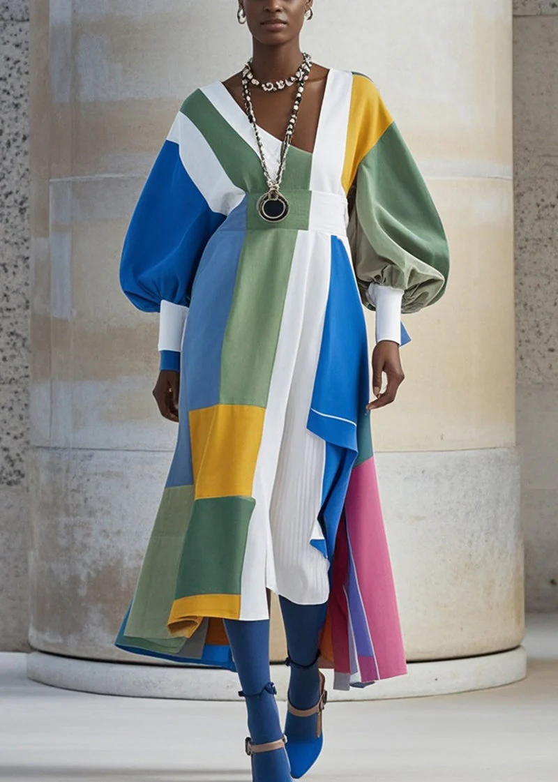 Original Design Multicolor Asymmetrical Patchwork Cotton Holiday Dress Lantern Sleeve - Image 3