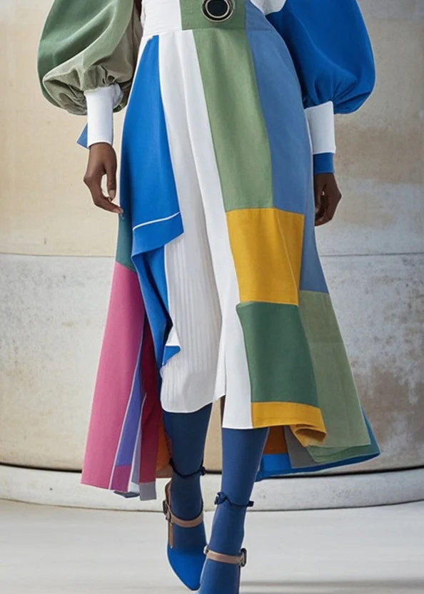 Original Design Multicolor Asymmetrical Patchwork Cotton Holiday Dress Lantern Sleeve - Image 4