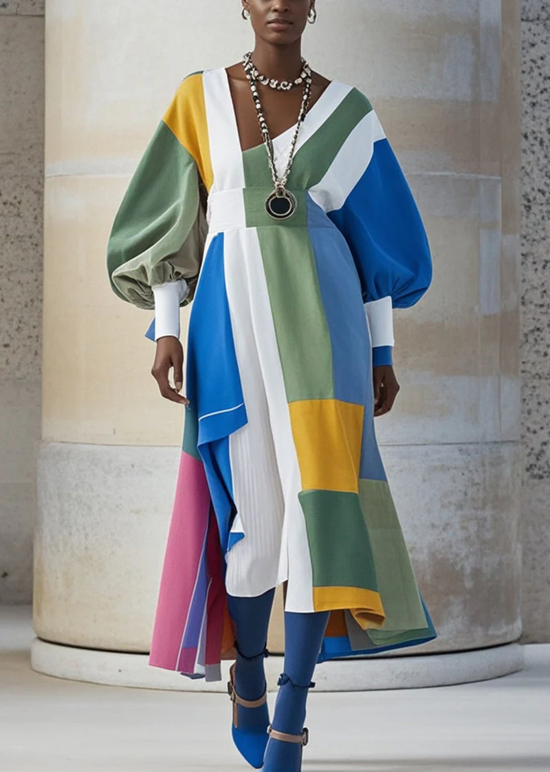 Original Design Multicolor Asymmetrical Patchwork Cotton Holiday Dress Lantern Sleeve - Image 5