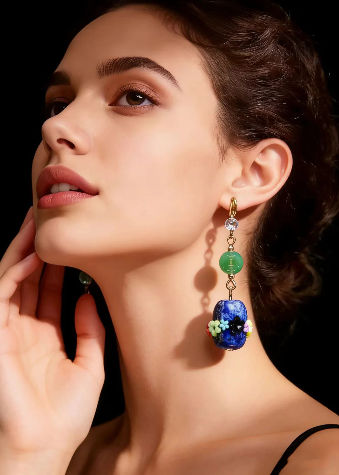 Original Design Multicolour Flower Bluestone Jade Drop Earrings - Image 3