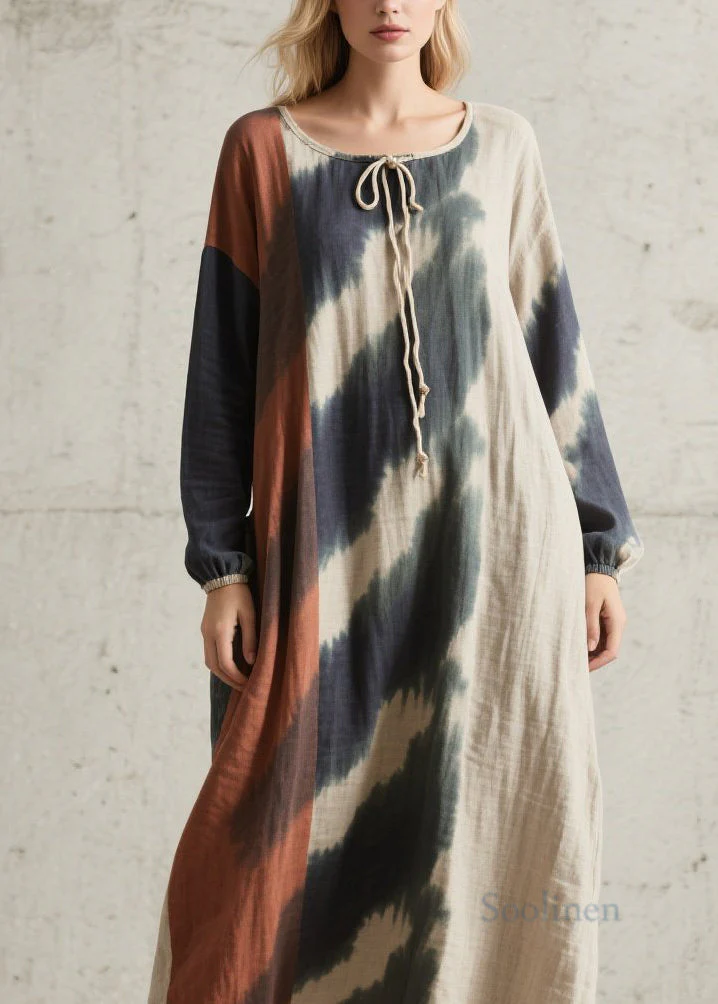 Original Design O Neck Tie Dye Cotton Maxi Dresses Fall - Image 2