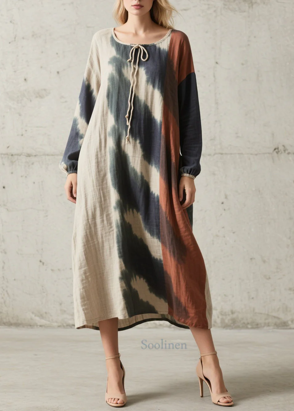Original Design O Neck Tie Dye Cotton Maxi Dresses Fall - Image 3