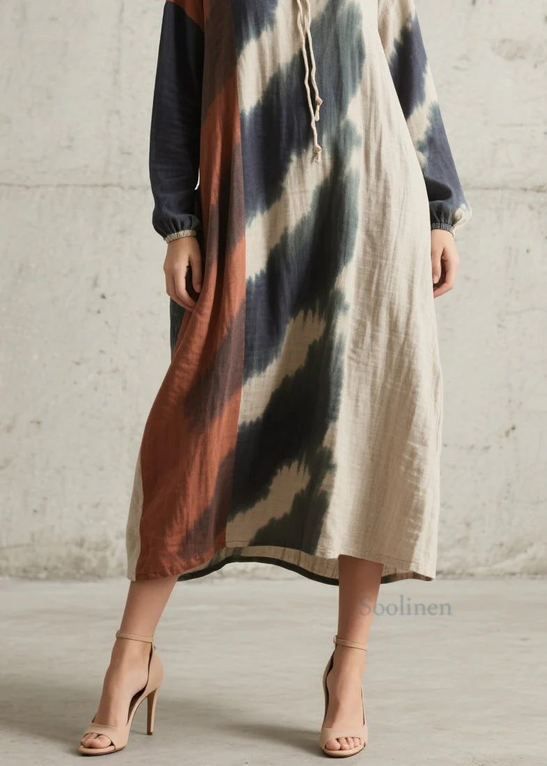 Original Design O Neck Tie Dye Cotton Maxi Dresses Fall - Image 4