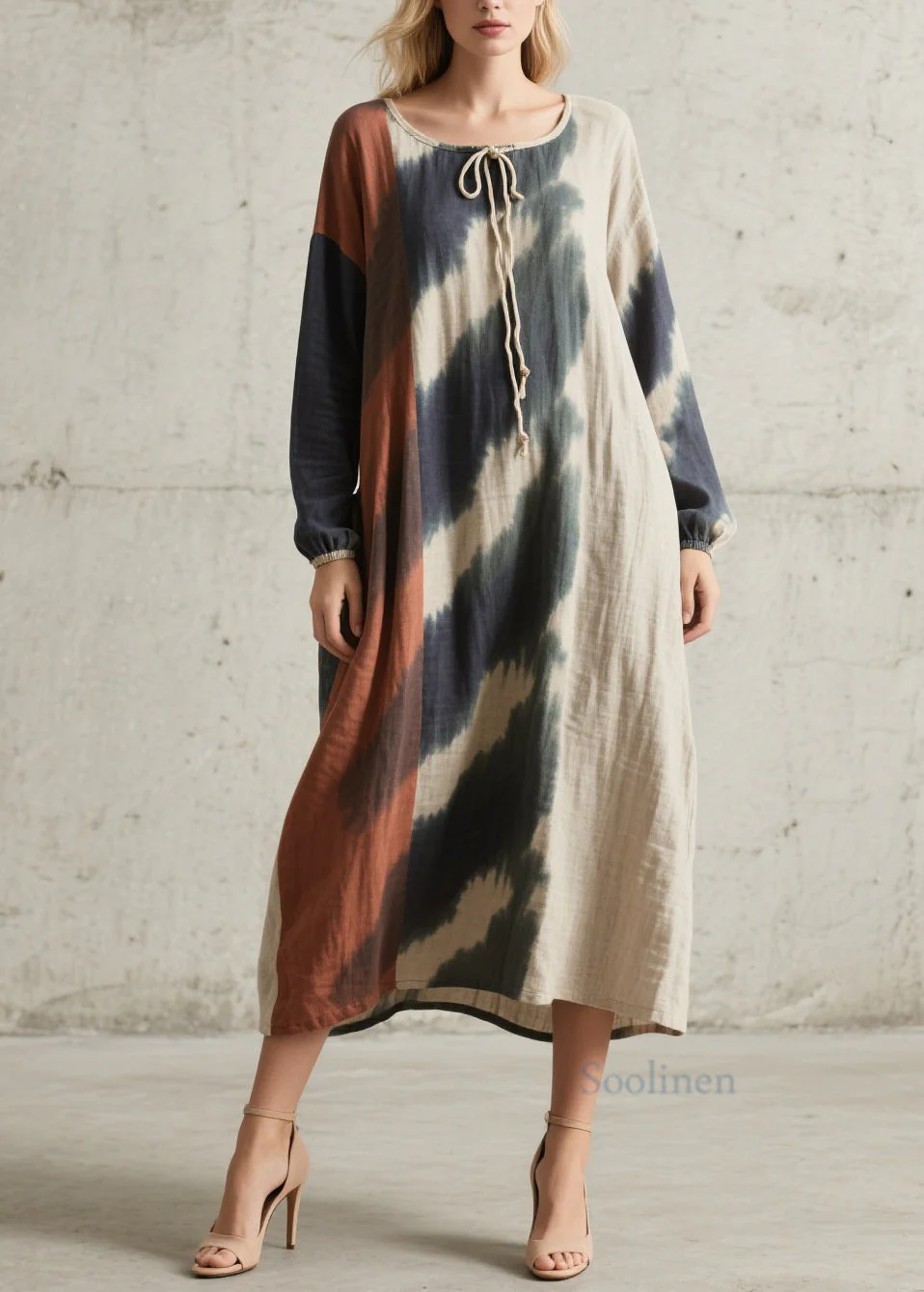 Original Design O Neck Tie Dye Cotton Maxi Dresses Fall - Image 5