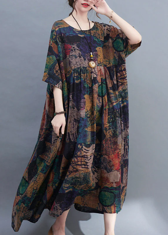 Original Design O-Neck wrinkled Print Loose Long Dress Short Sleeve - Image 2