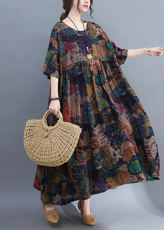 Original Design O-Neck wrinkled Print Loose Long Dress Short Sleeve - Image 3