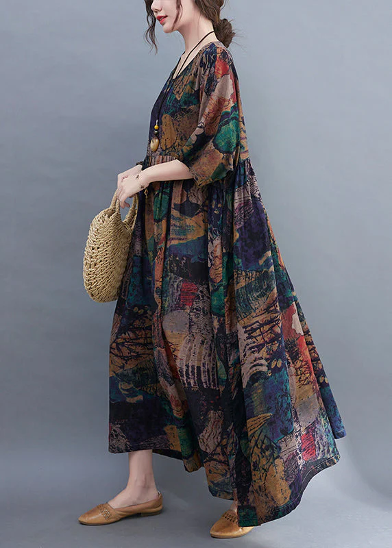 Original Design O-Neck wrinkled Print Loose Long Dress Short Sleeve - Image 4
