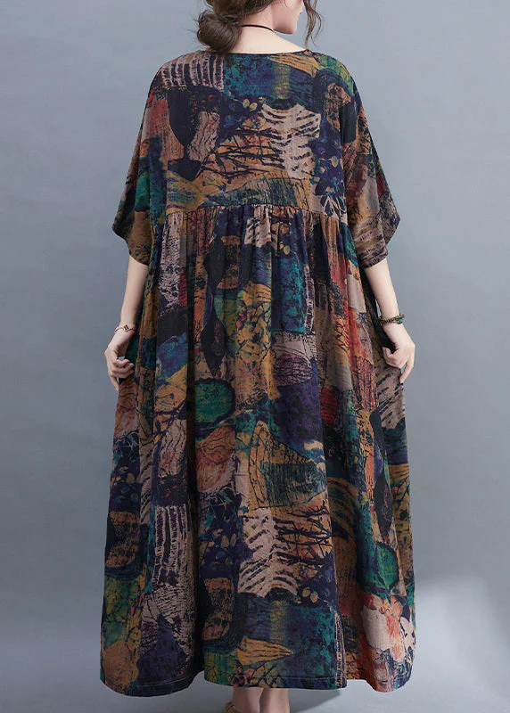 Original Design O-Neck wrinkled Print Loose Long Dress Short Sleeve - Image 5