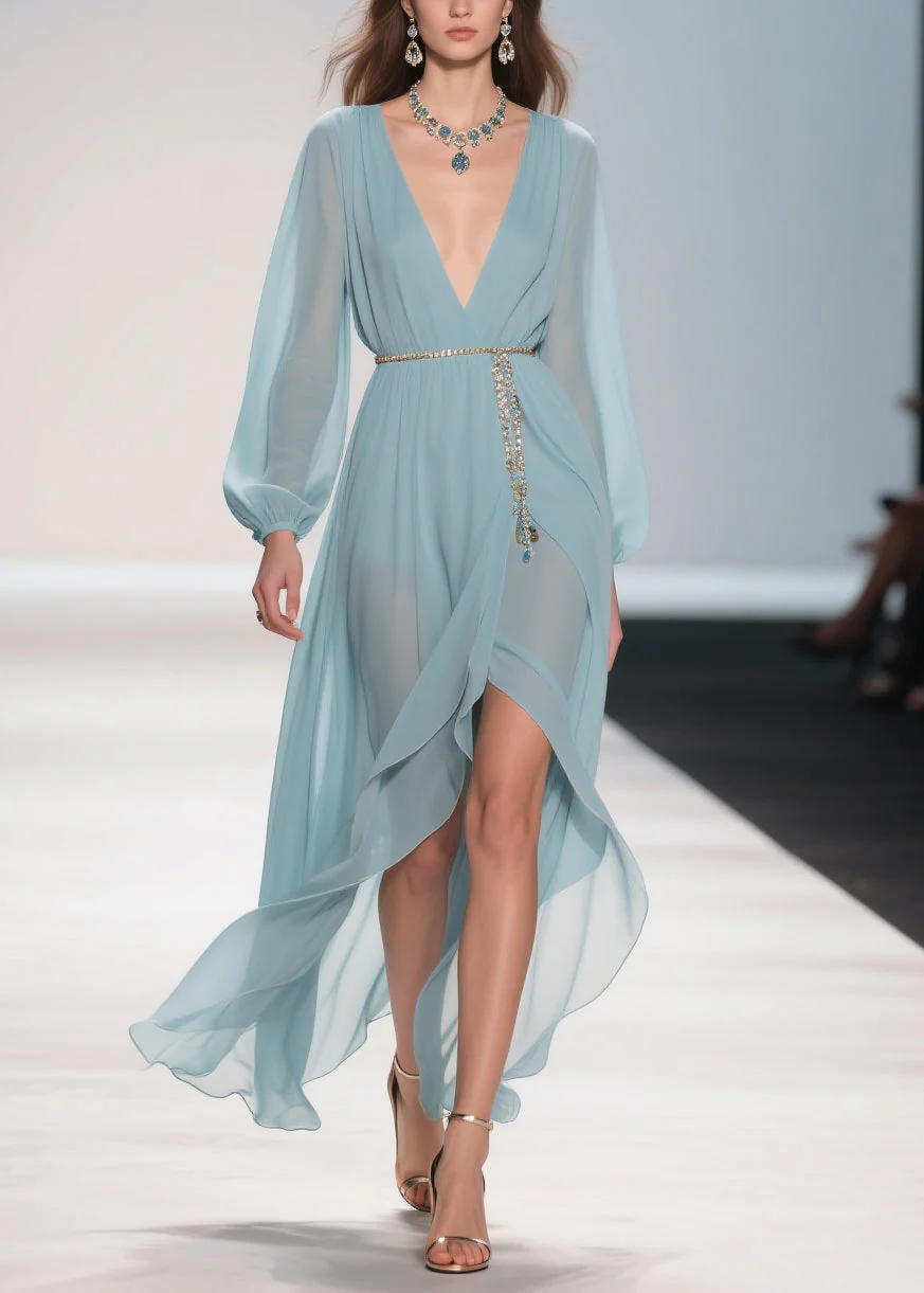 Original Design Pale Mint Blue Low High Design Solid Chiffon Long Dress Spring - Image 5