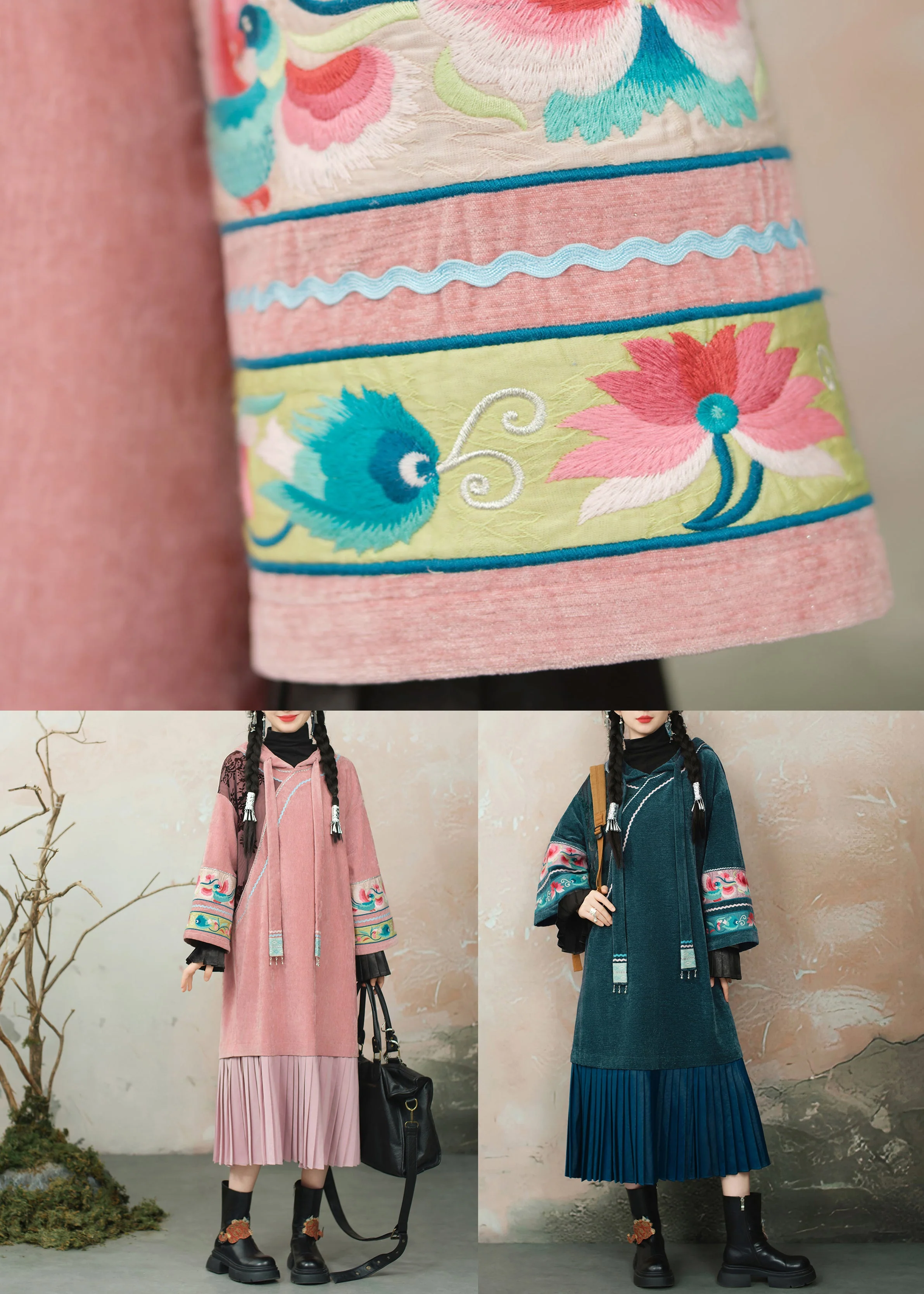 Original Design Pink Hooded Embroidered Patchwork Chenille Dresses Spring - Image 5