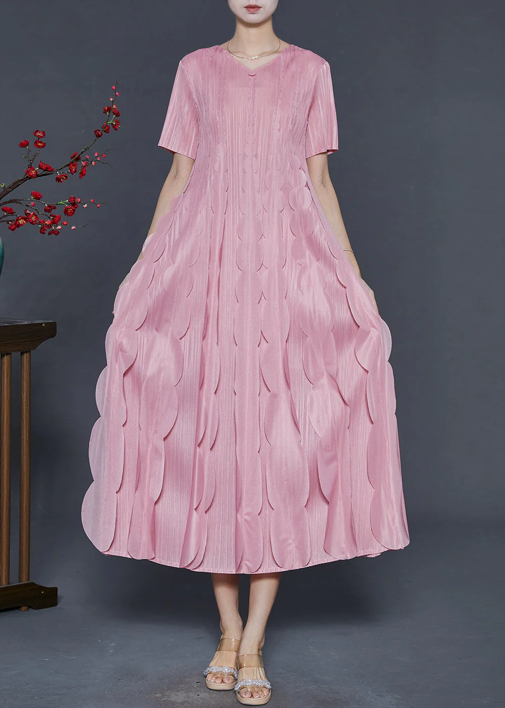Original Design Pink Ruffles Silk A Line Dress Summer - Image 2