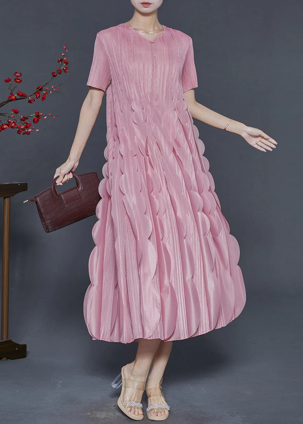 Original Design Pink Ruffles Silk A Line Dress Summer - Image 3