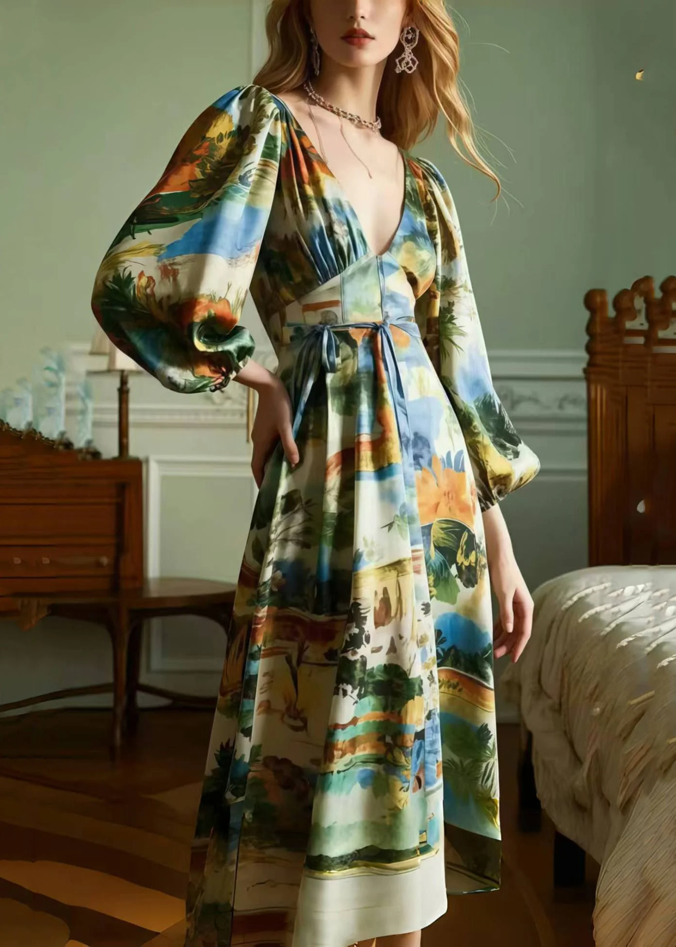 Original Design Print Draping Silk Vestidos Dress Spring - Image 3