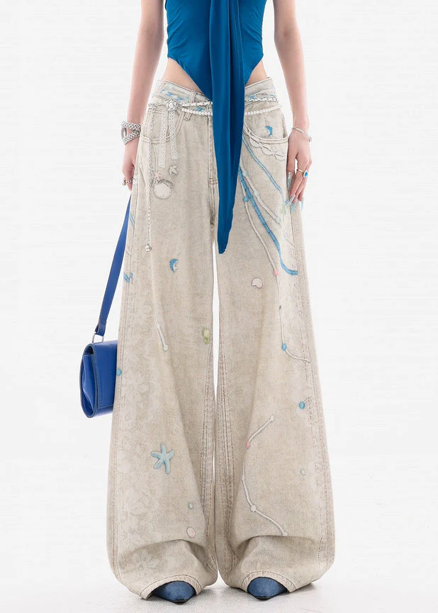 Original Design Print Pockets High Waist Denim Wide Leg Pants Spring - Image 2
