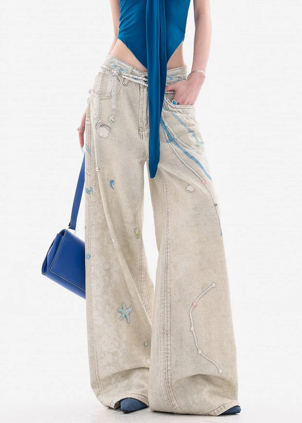 Original Design Print Pockets High Waist Denim Wide Leg Pants Spring - Image 3