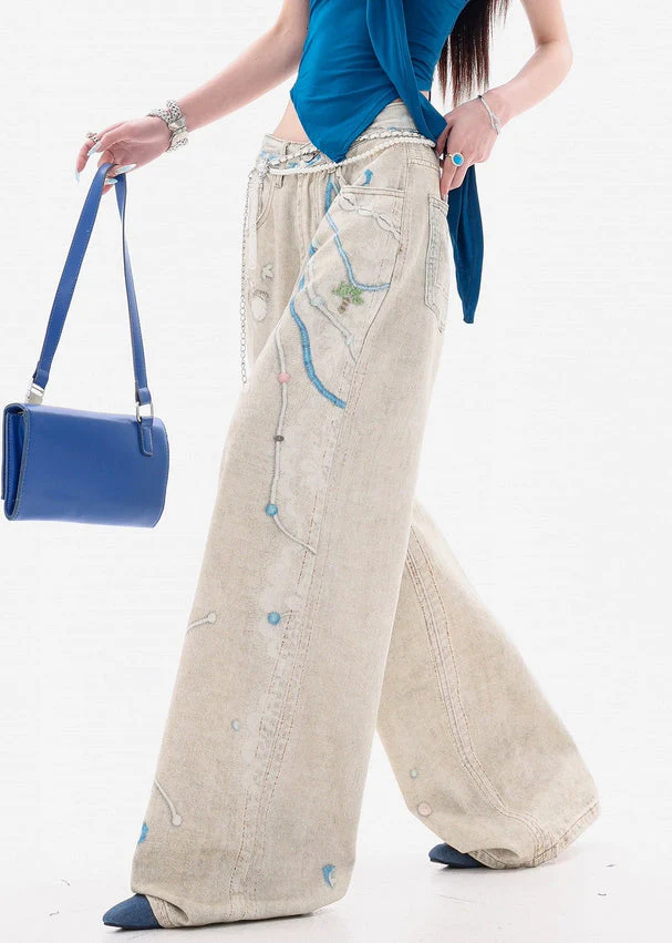 Original Design Print Pockets High Waist Denim Wide Leg Pants Spring - Image 4