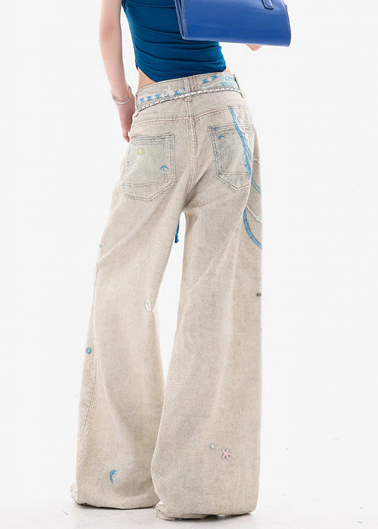 Original Design Print Pockets High Waist Denim Wide Leg Pants Spring - Image 5