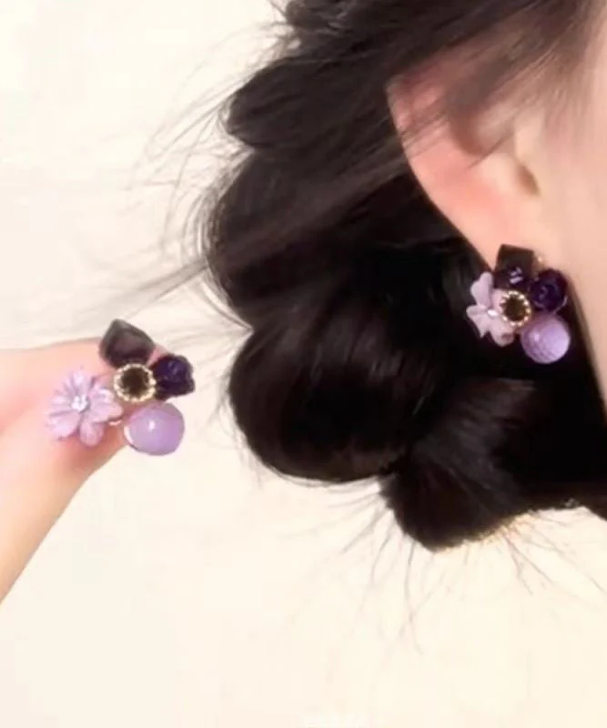 Original Design Purple Alloy Zircon Floral Stud Earrings