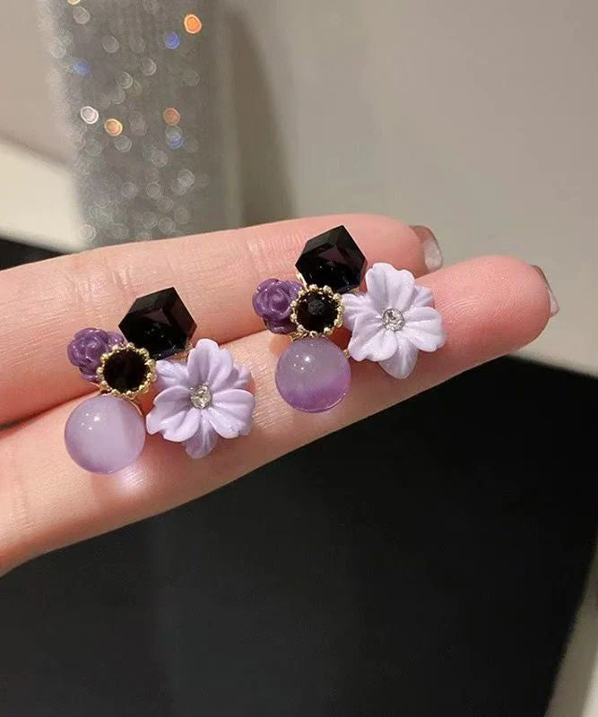 Original Design Purple Alloy Zircon Floral Stud Earrings - Image 2