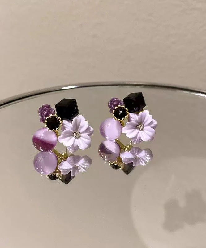 Original Design Purple Alloy Zircon Floral Stud Earrings - Image 4