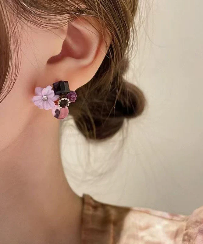 Original Design Purple Alloy Zircon Floral Stud Earrings - Image 5