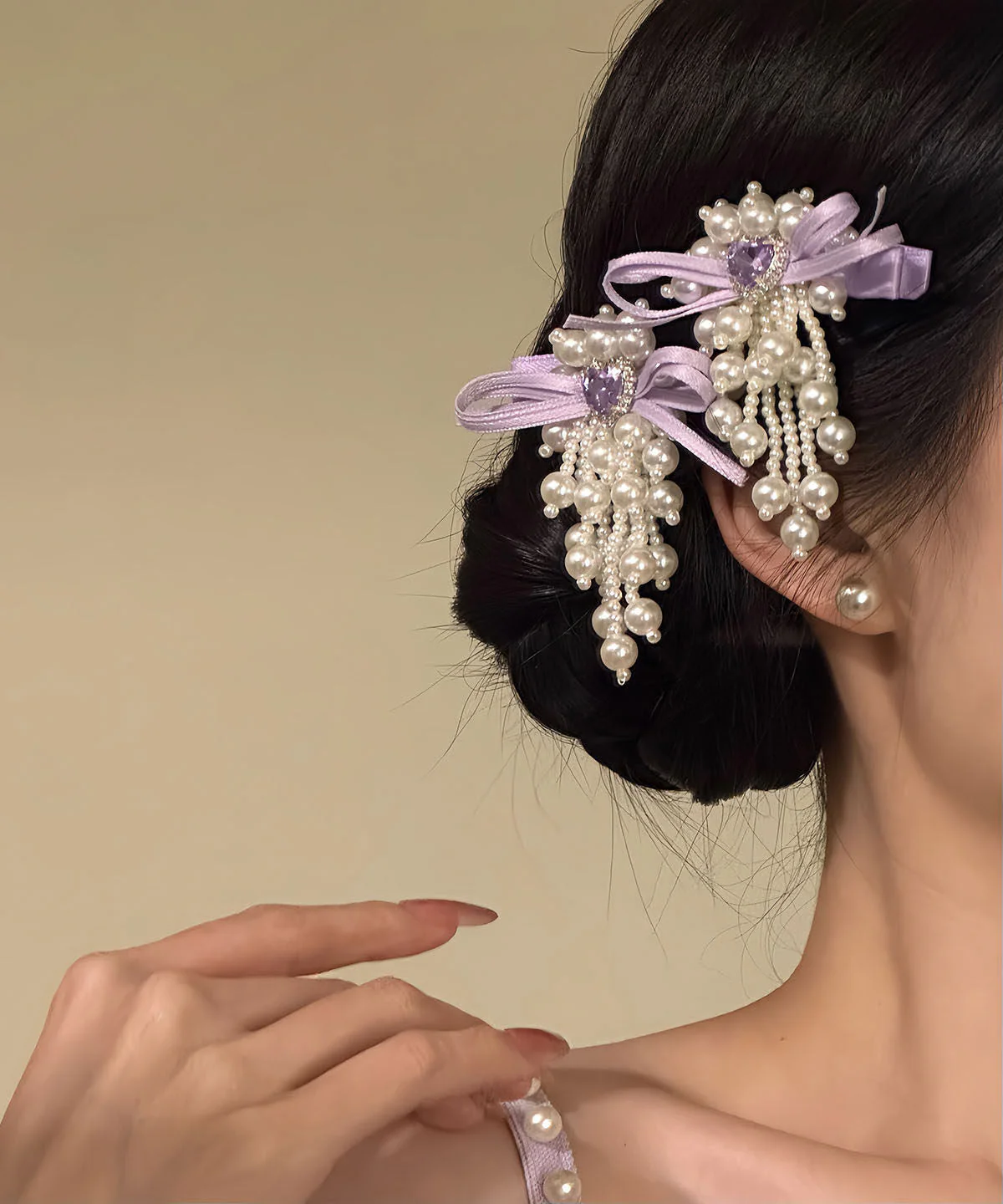 Original Design Purple Cloth Zircon Pearl Bow Hairpin - Image 2