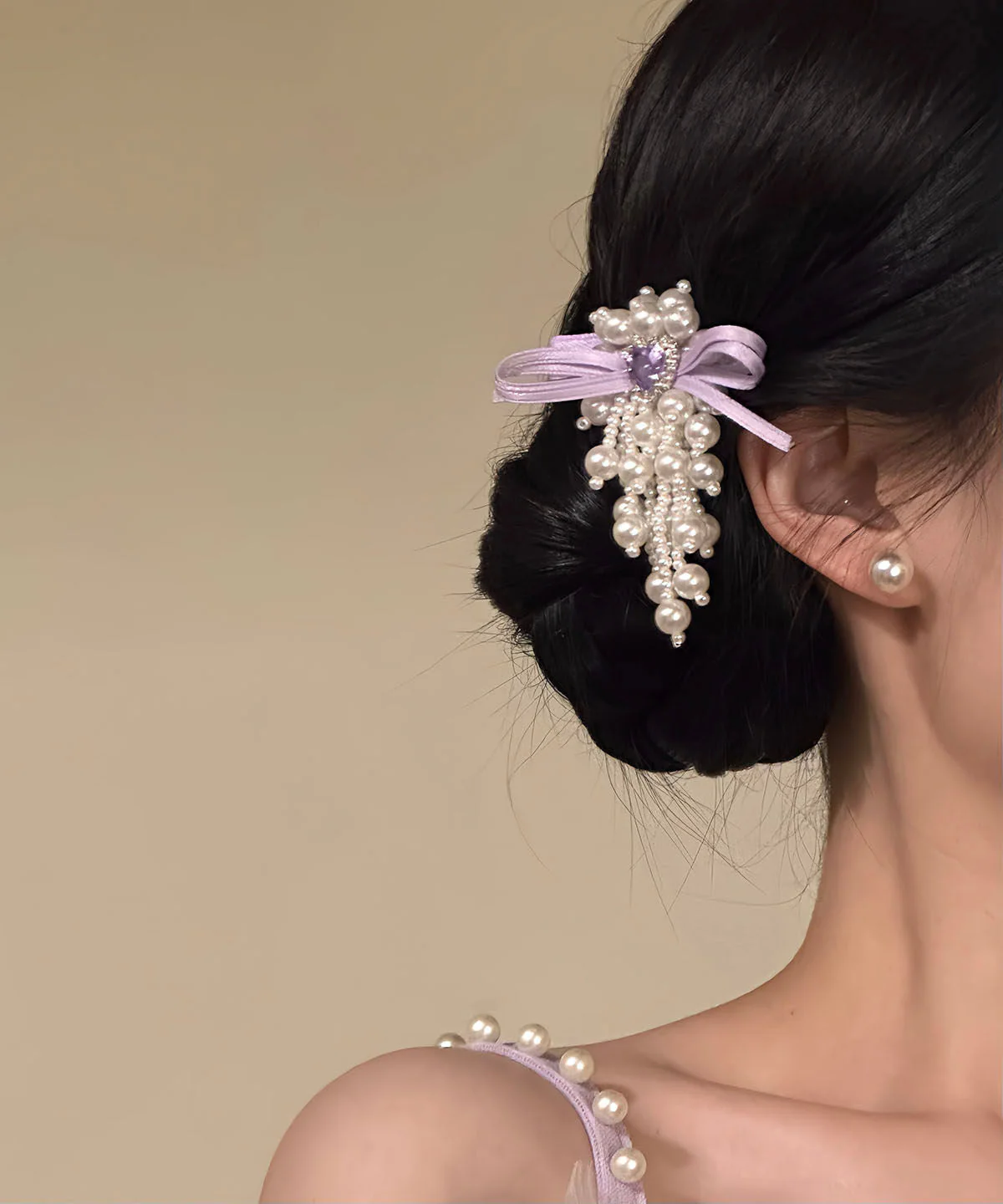 Original Design Purple Cloth Zircon Pearl Bow Hairpin - Image 4
