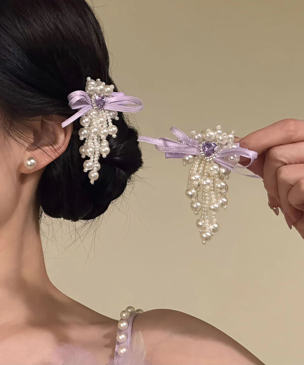 Original Design Purple Cloth Zircon Pearl Bow Hairpin - Image 5