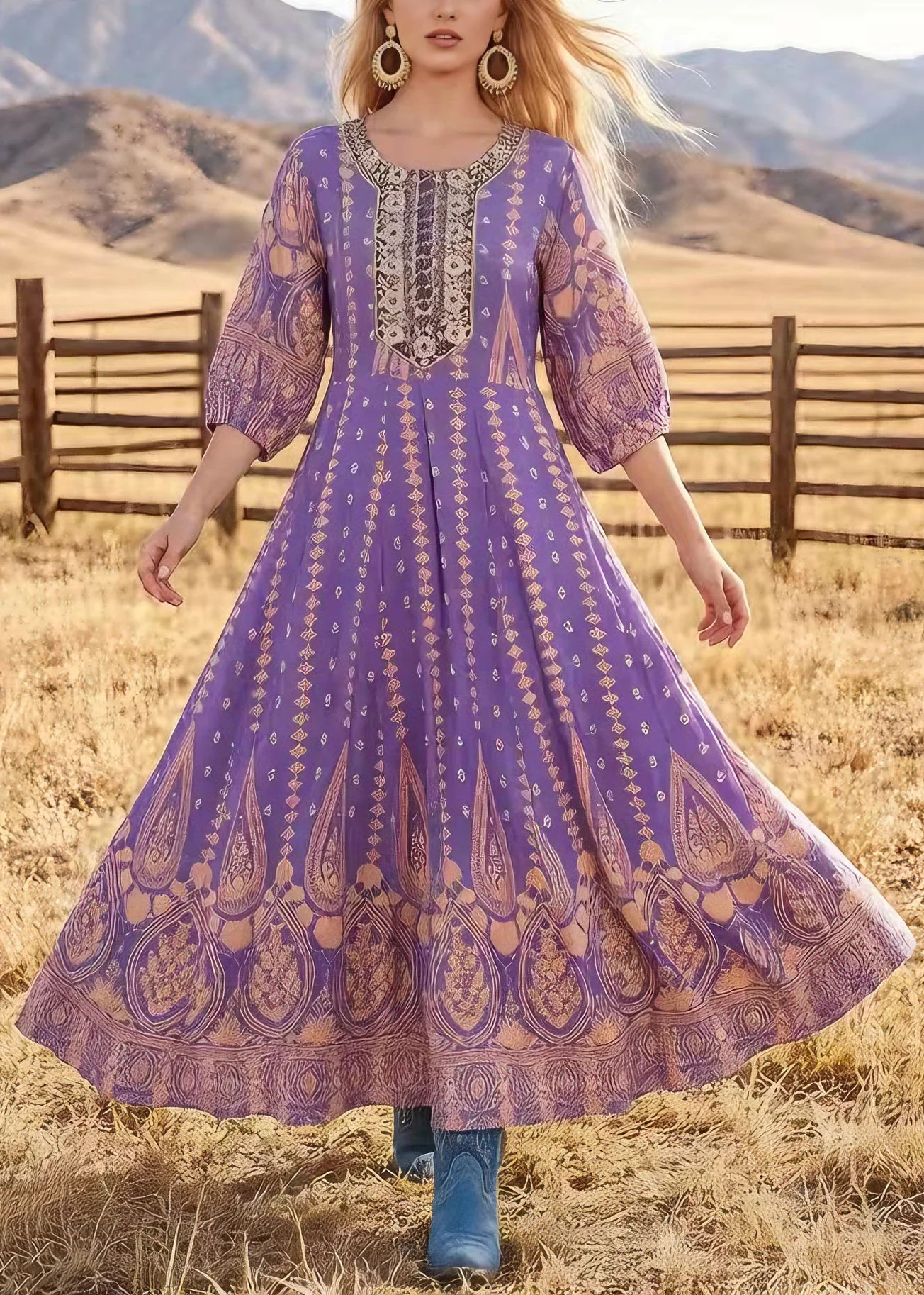 Original Design Purple O Neck Print Exra Large Hem Cotton Dress Summer - Image 3