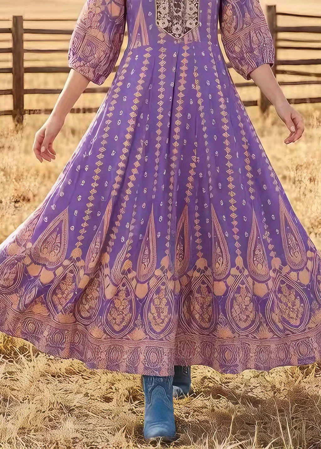 Original Design Purple O Neck Print Exra Large Hem Cotton Dress Summer - Image 4