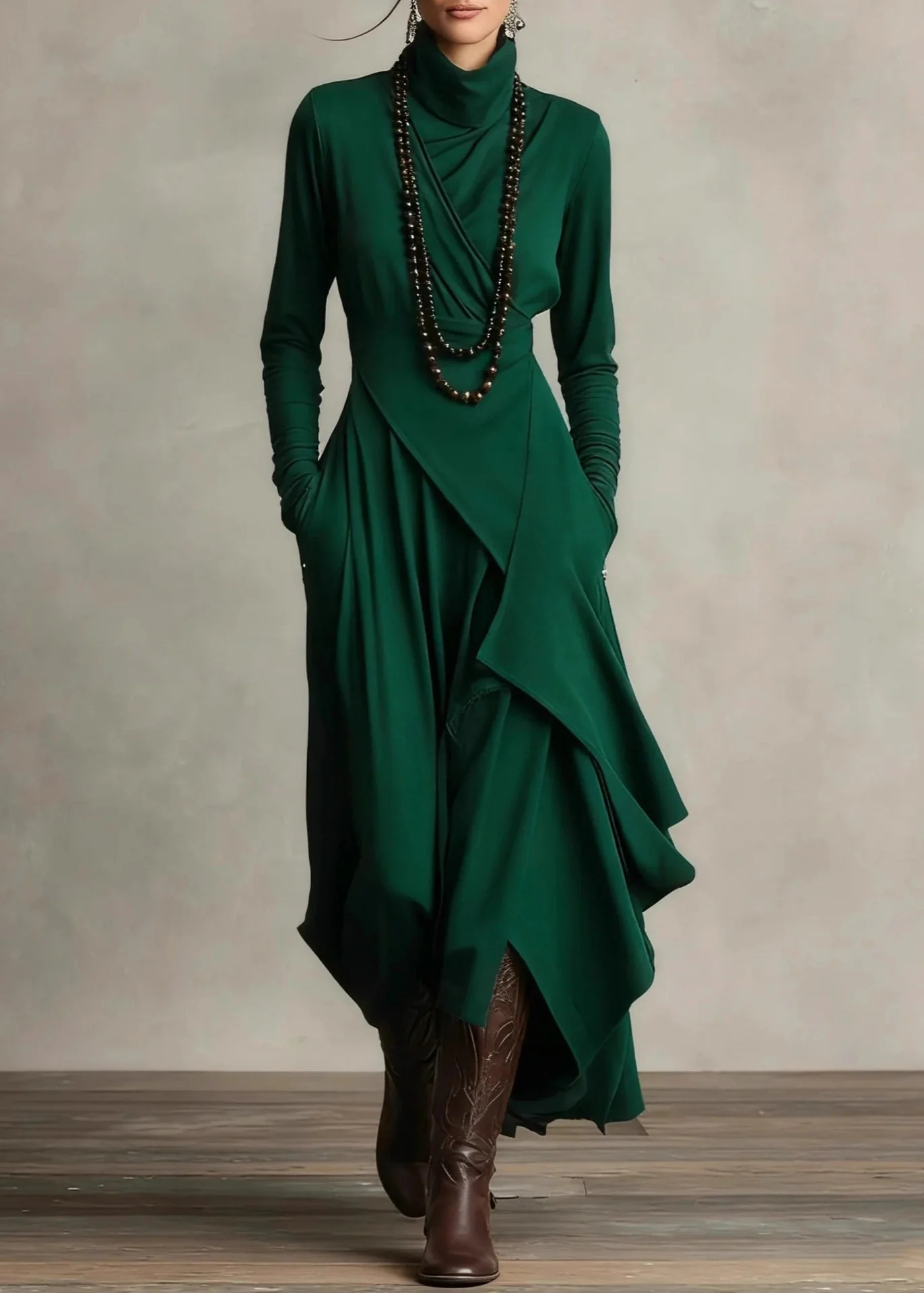 Original Design Purple Turtleneck Pockets Solid Cotton Maxi Dress Spring - Image 2