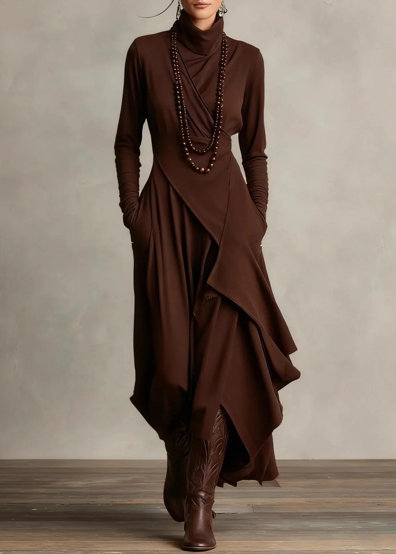 Original Design Purple Turtleneck Pockets Solid Cotton Maxi Dress Spring - Image 3