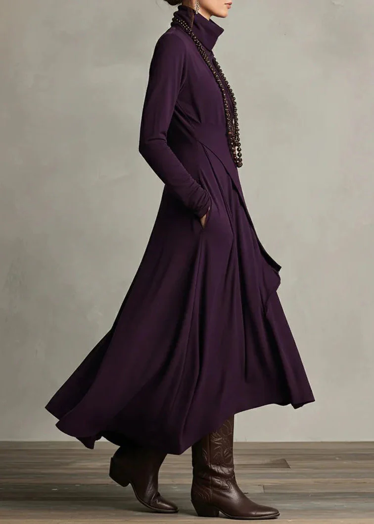 Original Design Purple Turtleneck Pockets Solid Cotton Maxi Dress Spring - Image 4