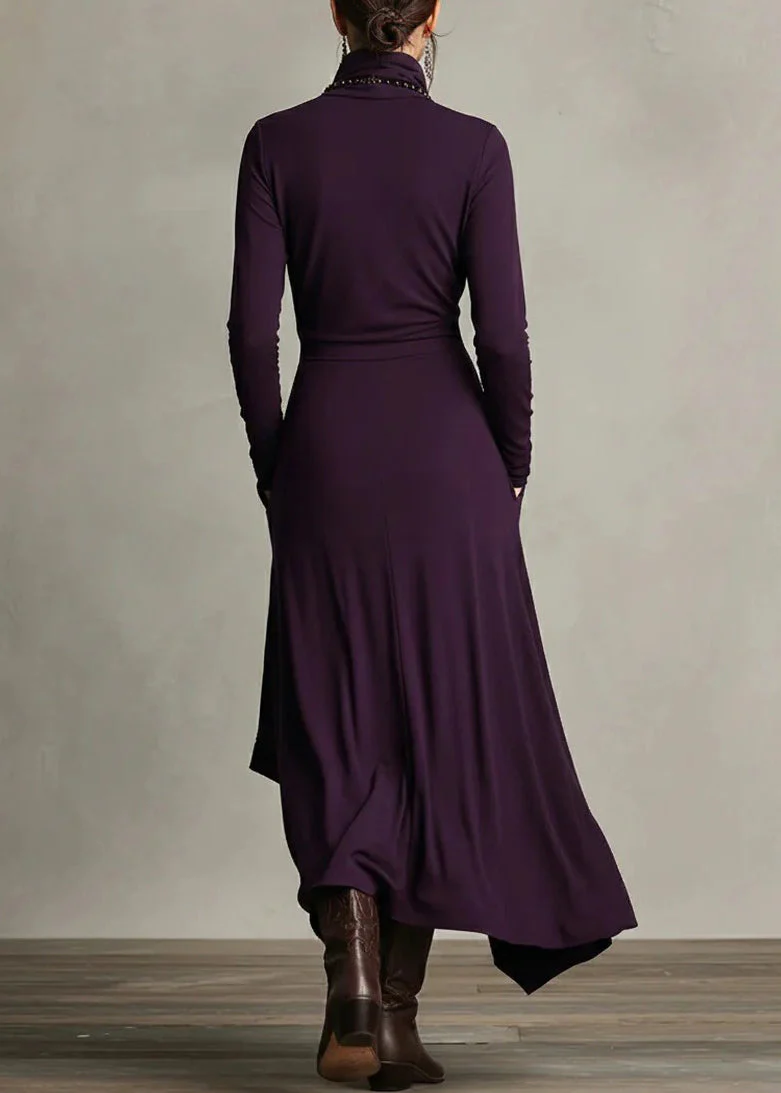 Original Design Purple Turtleneck Pockets Solid Cotton Maxi Dress Spring - Image 5