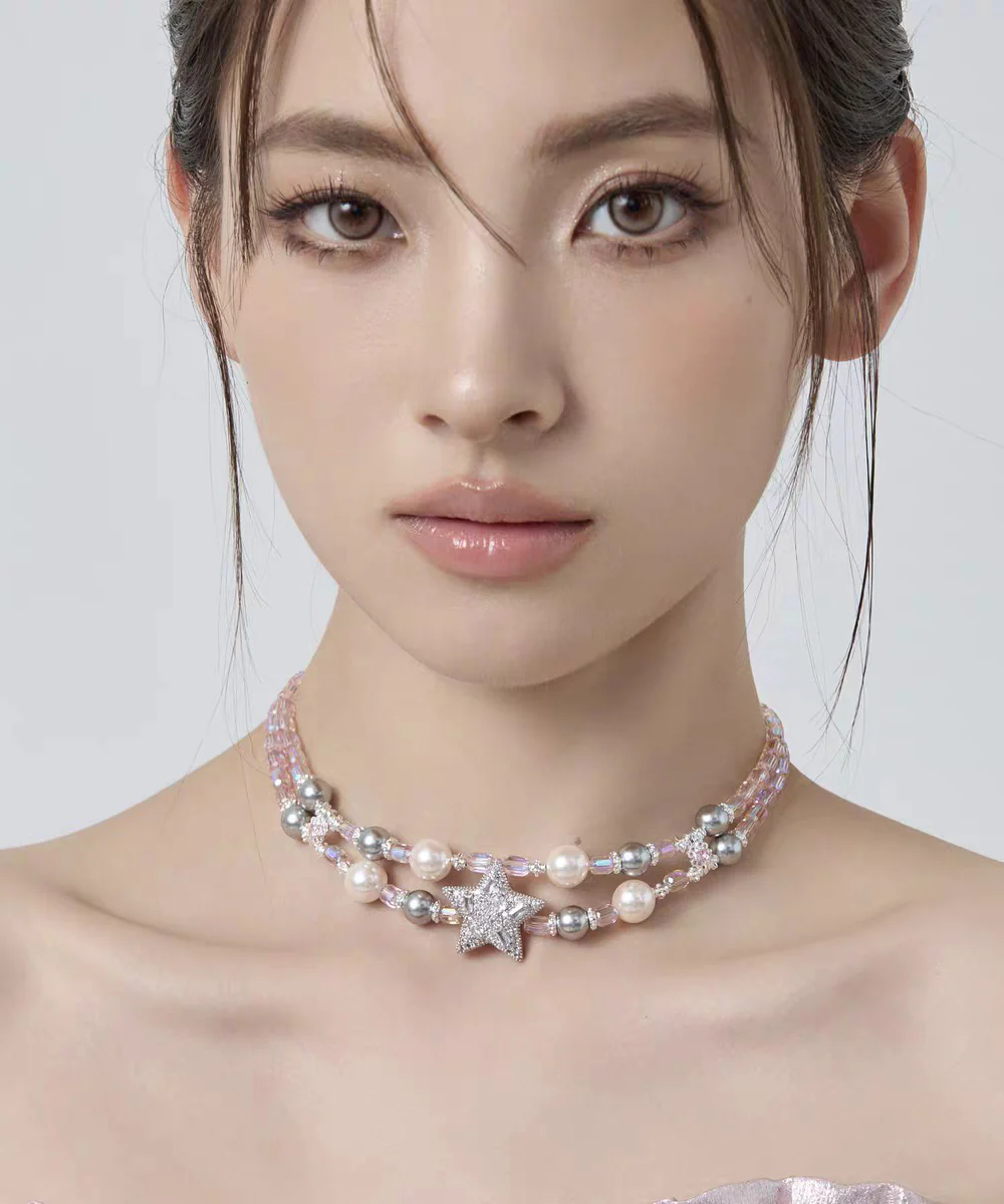 Original Design Rainbow Alloy Zircon Pearl Pentagram Double-Layer Princess Necklace - Image 2