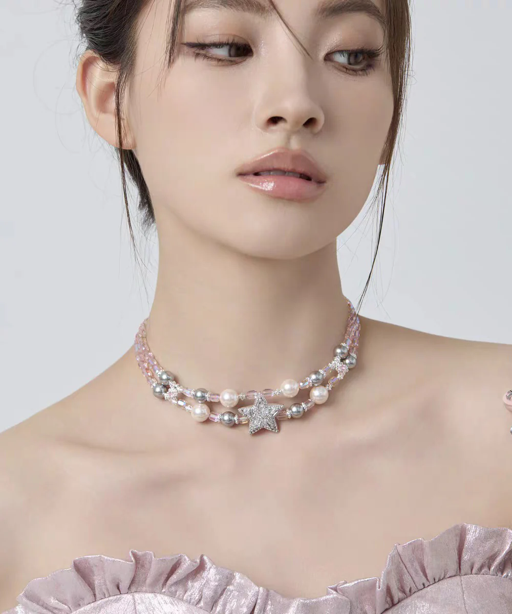 Original Design Rainbow Alloy Zircon Pearl Pentagram Double-Layer Princess Necklace - Image 4