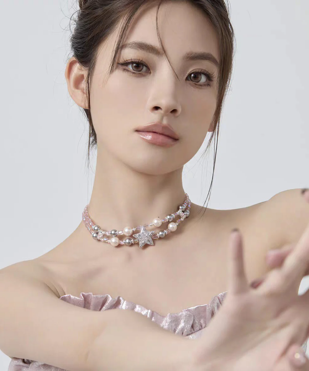 Original Design Rainbow Alloy Zircon Pearl Pentagram Double-Layer Princess Necklace - Image 5